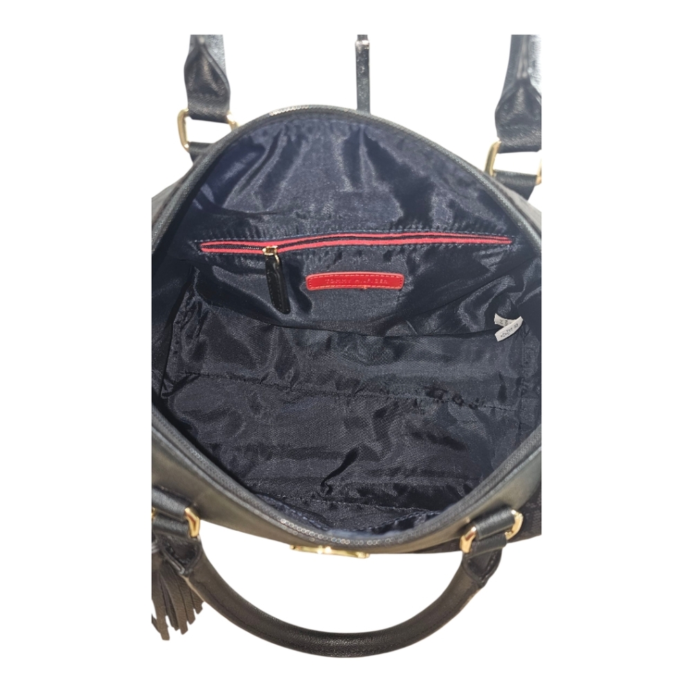 TOMMY HILFIGER Signature Jacquard Black Satchel with Large Tassel - Picture 6 of 8